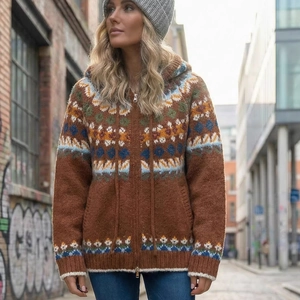 Women's Fair Isle jacquard zip-up hooded knit sweater with vintage geometric patterns