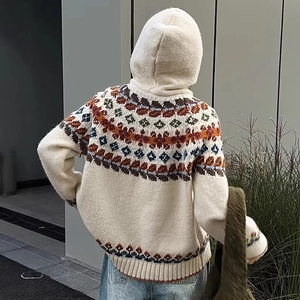 Fair Isle vintage hooded knit sweater cardigan in cream white for women winter
