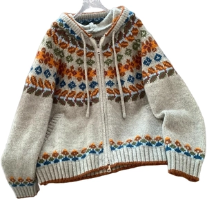 Fair Isle knit hooded cardigan with orange and blue geometric jacquard patterns