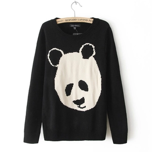Women's Casual Crew Neck Long Sleeve Knitted Sweater With Panda Head Pattern Acrylic Straight Fit Pullover Top