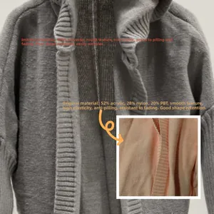 Detail showing high-elasticity pilling-resistant grey knit fabric texture and material composition