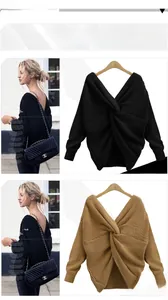 Detail of V-neck back twist design on this loose knit sweater in black and beige