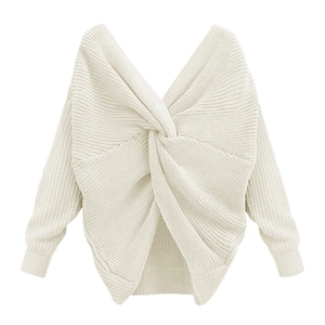 Detail view of cream long sleeve knit sweater featuring a stylish twist knot open back design