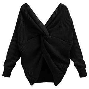 Detail of black chunky knit sweater featuring backless cross knot design and ribbed texture