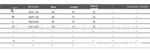 Size guide table for women short sleeve knit sweater with measurements in cm