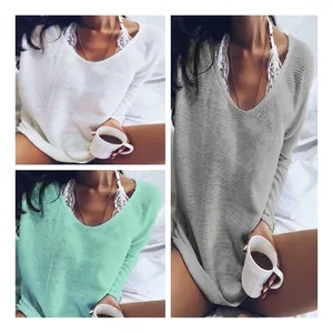 Pull en Tricot Décontracté pour Femmes Col en V Manches Longues Coupe Large Texture Gaufrée Couleur Unie Mode Automne