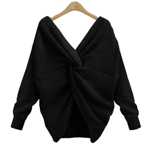 Black chunky knit sweater with stylish back twist knot and V-neckline design