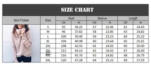 Size chart for women's high neck sweater showing bust and length measurements from S to 5XL