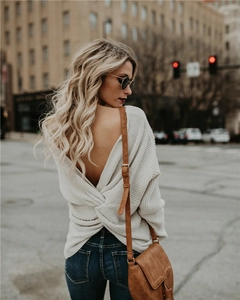 Women's V-neck backless twist-back knit sweater in light beige with long sleeves