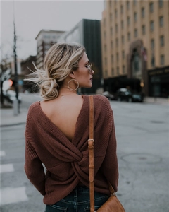 Women's V-neck backless knit sweater in deep rose with twist knot detail and loose sleeves