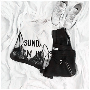 Sunday embroidered white sweatshirt and black lace top set with zipper casual pants