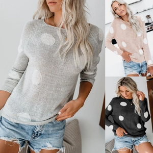 Women's Casual Polka Dot Knit Sweater Round Neck Long Sleeve Pullover Slim Fit Acrylic Fashion Knitwear Top For Daily Wear