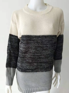 Women loose color block striped knit sweater with chunky honeycomb texture and round neck