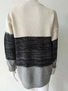 Women's striped color-block knit sweater with beige, black and gray patchwork design