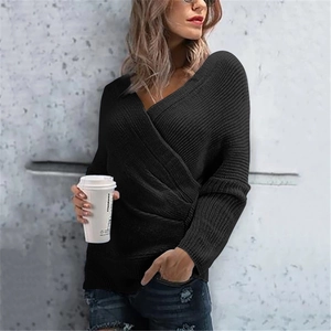 Close-up of black ribbed knit sweater featuring an elegant wrap V-neckline design