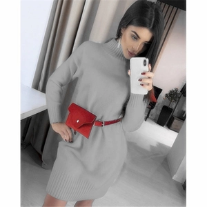 Slim fit light gray turtleneck knit dress with stylish red belt and small waist bag