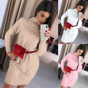 Women Long Sleeve Mock Neck Knitted Midi Dress And Waist Bag Belt Solid Color Slim Fit Autumn Winter Sweater Dress