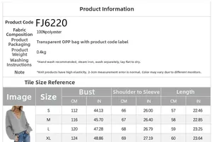 Size chart for women's V-neck knit cardigan with detailed polyester fabric specifications