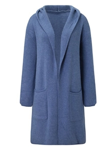 Close-up detail of knitted denim blue hooded cardigan featuring spacious front pockets
