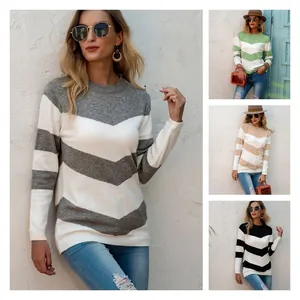 Women's Casual Striped Knit Sweater Round Neck Long Sleeve Slim Fit Pullover Top Autumn Winter Contrast Chevron Knitwear Top