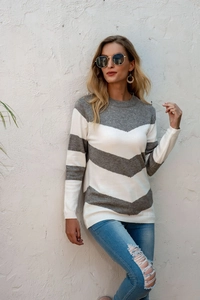 Women's slim fit crewneck sweater with grey and white chevron stripes for autumn wear