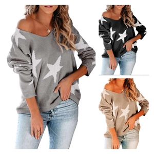 Pull en Maille Jacquard Étoiles Décontracté pour Femmes Col en V Coupe Large Pullover Manches Longues Chic Tricot Top