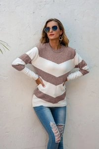 Slim fit women's long sleeve crewneck knit sweater with brown and white wave stripes