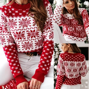 Women Christmas Snowflake Knit Sweater Nordic Crew Neck Long Sleeve Festive Pullover Casual Winter Jumper Top