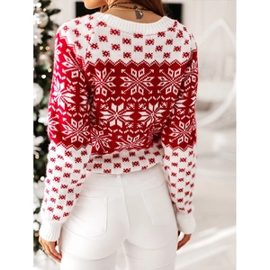 Women's Christmas knit sweater with snowflake patterns and red white Nordic design