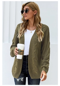 Detail of army green cable knit cardigan featuring premium rib-knit texture and soft fabric