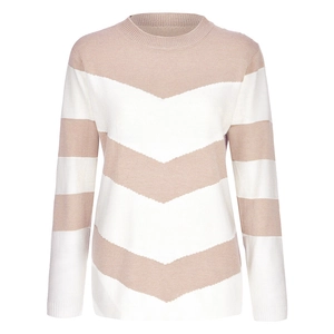 Women's slim fit crew neck striped knit sweater with beige and white chevron pattern