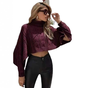 Burgundy high neck cropped cable knit sweater with oversized batwing sleeves for women