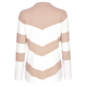 Close-up of ribbed knit texture on long sleeve striped crewneck sweater in light brown