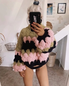 Handmade oversized chunky knit color-block sweater with high neck in a cozy slouchy fit