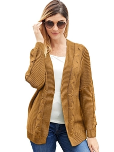 Women's mustard yellow chunky knit cardigan with cable pattern and batwing sleeves