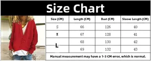 Size guide for women's chunky cable knit short sleeve cardigan with detailed measurements