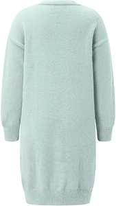 Back view of light blue longline knit cardigan with drop shoulders and ribbed cuffs