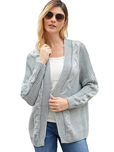 Close-up of gray cable knit cardigan showing thick textured weave and long batwing sleeves