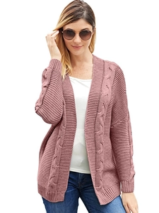 Close-up of cable knit texture on dusty pink long sleeve cardigan for women