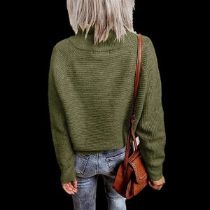 Detail of army green ribbed knit sweater with high neck and back view styling