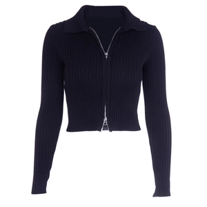 Black ribbed knit cardigan with collar and two-way zipper in slim cropped long sleeve style