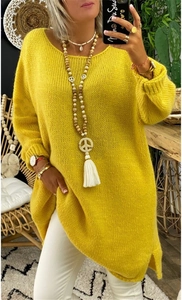 Close-up of bright yellow oversized knit sweater with a relaxed crew neck and soft texture