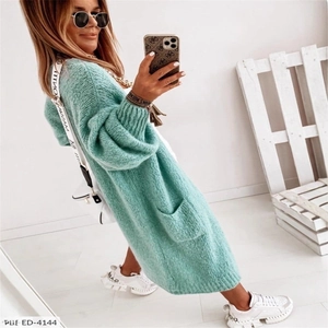 Women's loose knit mint green cardigan sweater with long sleeves and side pockets