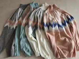 Detail of multi-color Fair Isle knit sweaters with geometric patterns and turtle necklines
