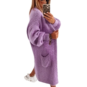 Chunky knit purple long cardigan with drop shoulders and large pockets for women