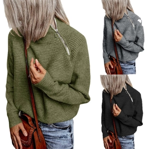 Women Casual Solid Ribbed Knit Sweater Shoulder Zipper Mock Neck Long Sleeve Pullover Autumn Winter Warm Jumper Top