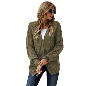 Women's chunky cable knit open cardigan in olive green with batwing sleeves and long fit