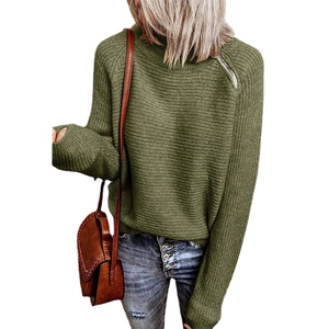 Olive green mock neck knit sweater for women with side shoulder zipper detail