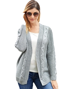 Women's oversized grey cable knit cardigan with batwing long sleeves and ribbed texture