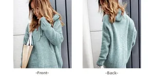 Front and back views of a light teal oversized knitted hoodie with kangaroo pocket